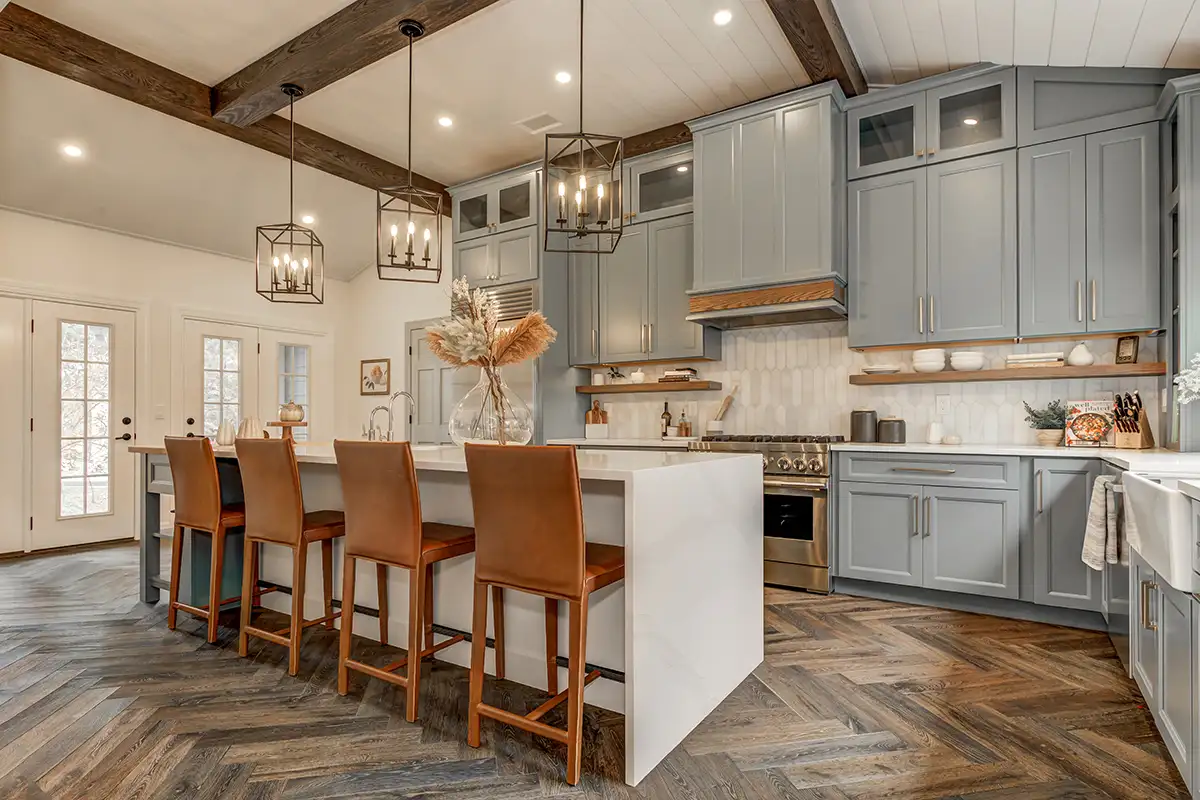 walnut and grey kitchen cabinets