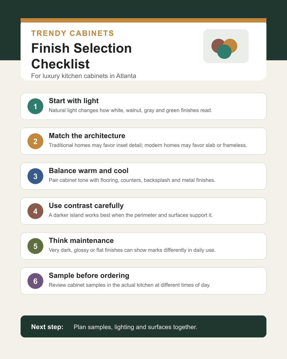 Luxury kitchen cabinet finish selection checklist infographic for Atlanta homes by Trendy Cabinets